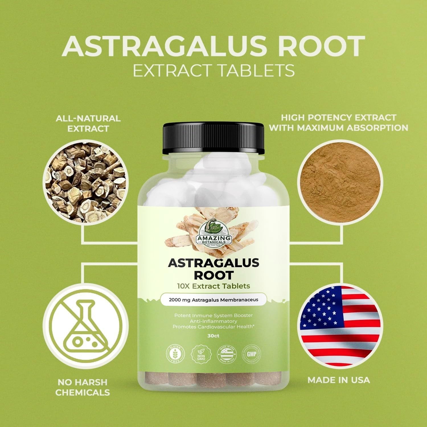 Astragalus Extract Tablets 2000mg 10X 70% Polysaccharides 30 Count Herbal Supple