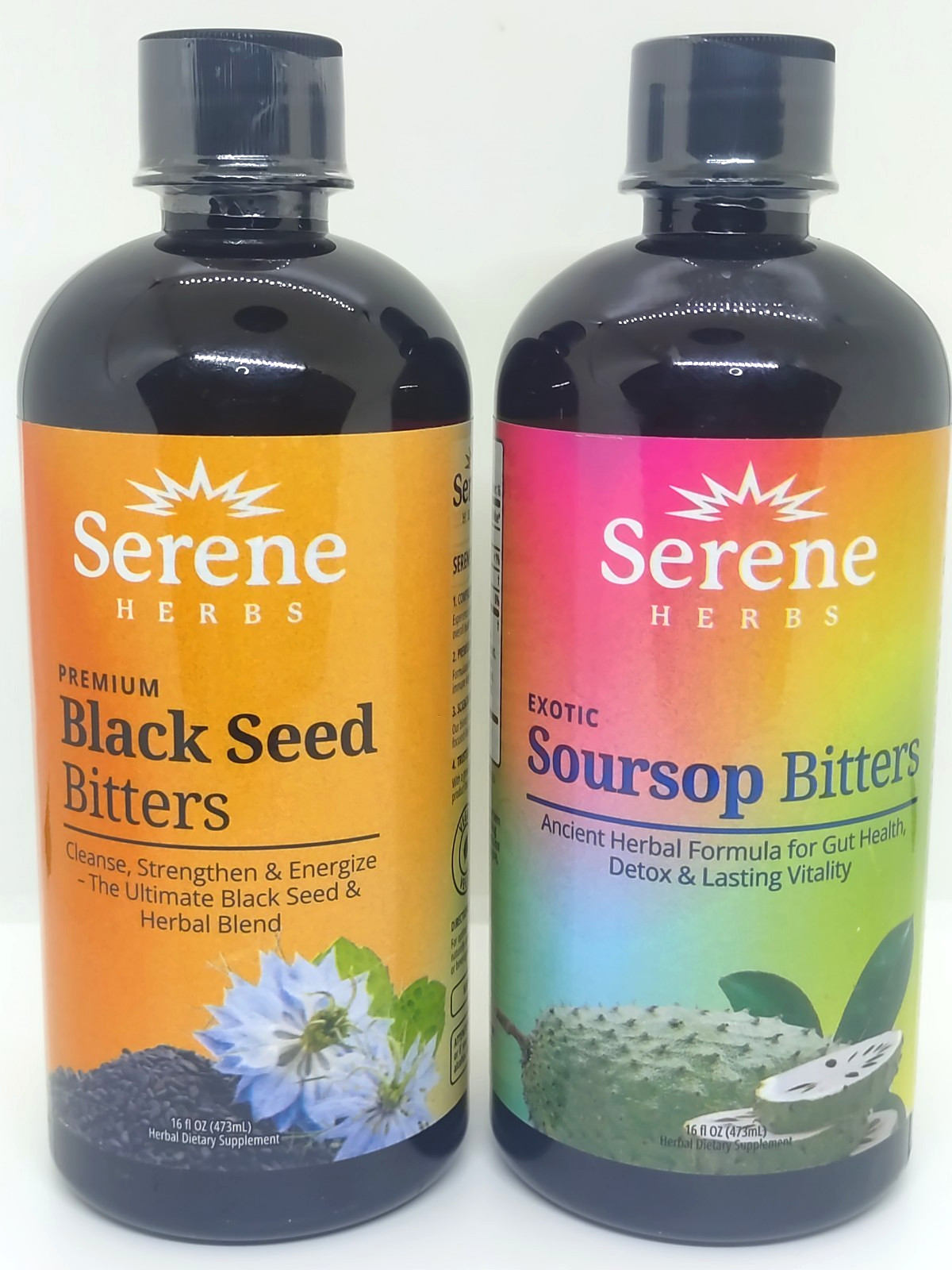 2 Serene Herbs Exotic Soursop Bitters/Premium Black Seed Bitters Liquid Gut Heal