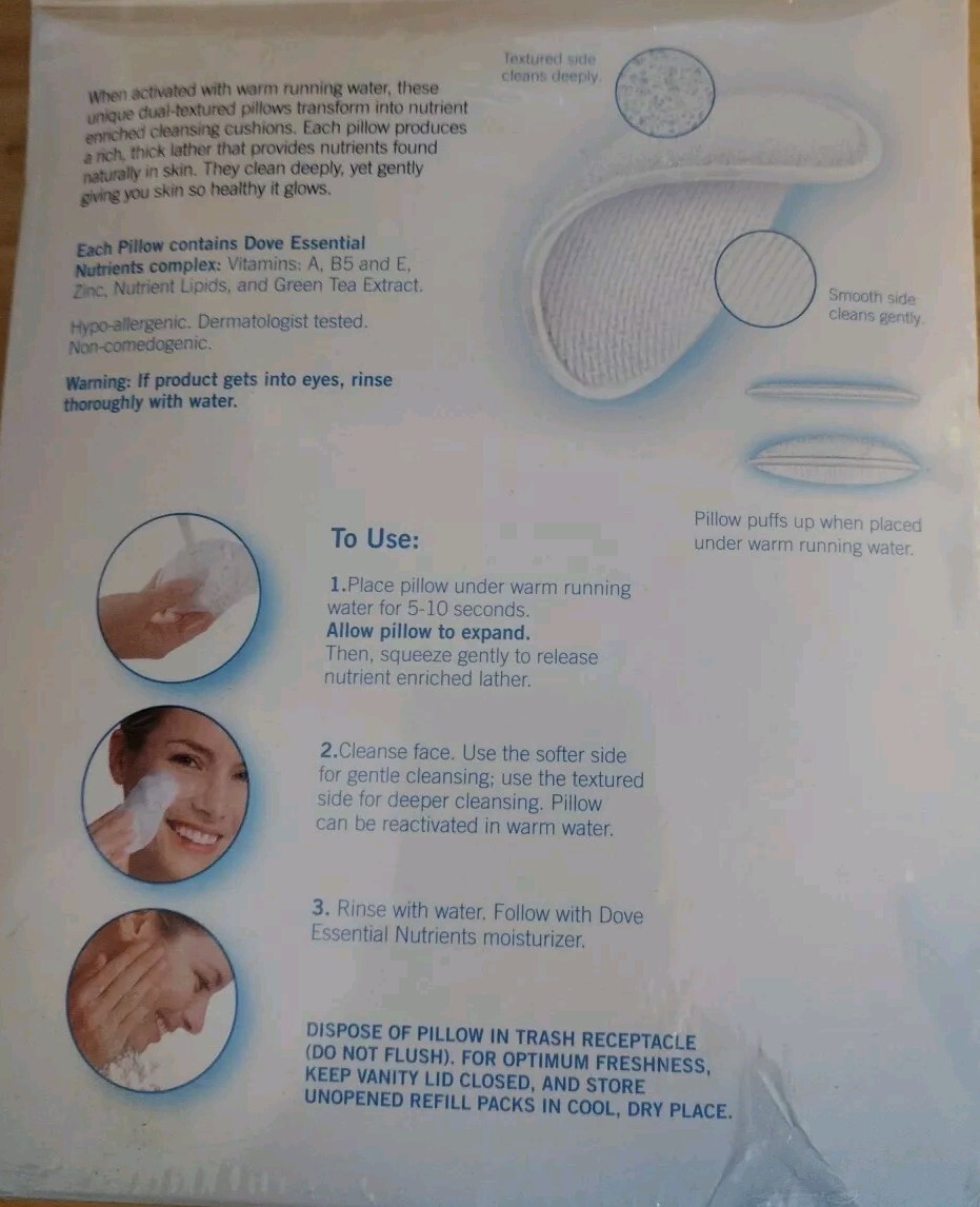 Dove Facial Care Essential Nutrients Dual Sided Cleansing Pillows Case + 42-New