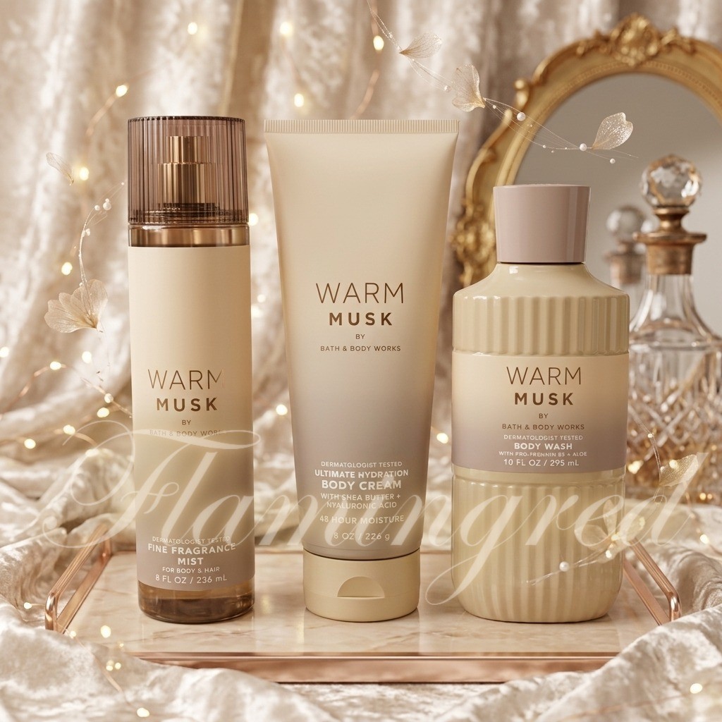 Bath & Body Works Warm Musk Fine Fragrance Mist Body Wash Cream 3 Pc Set