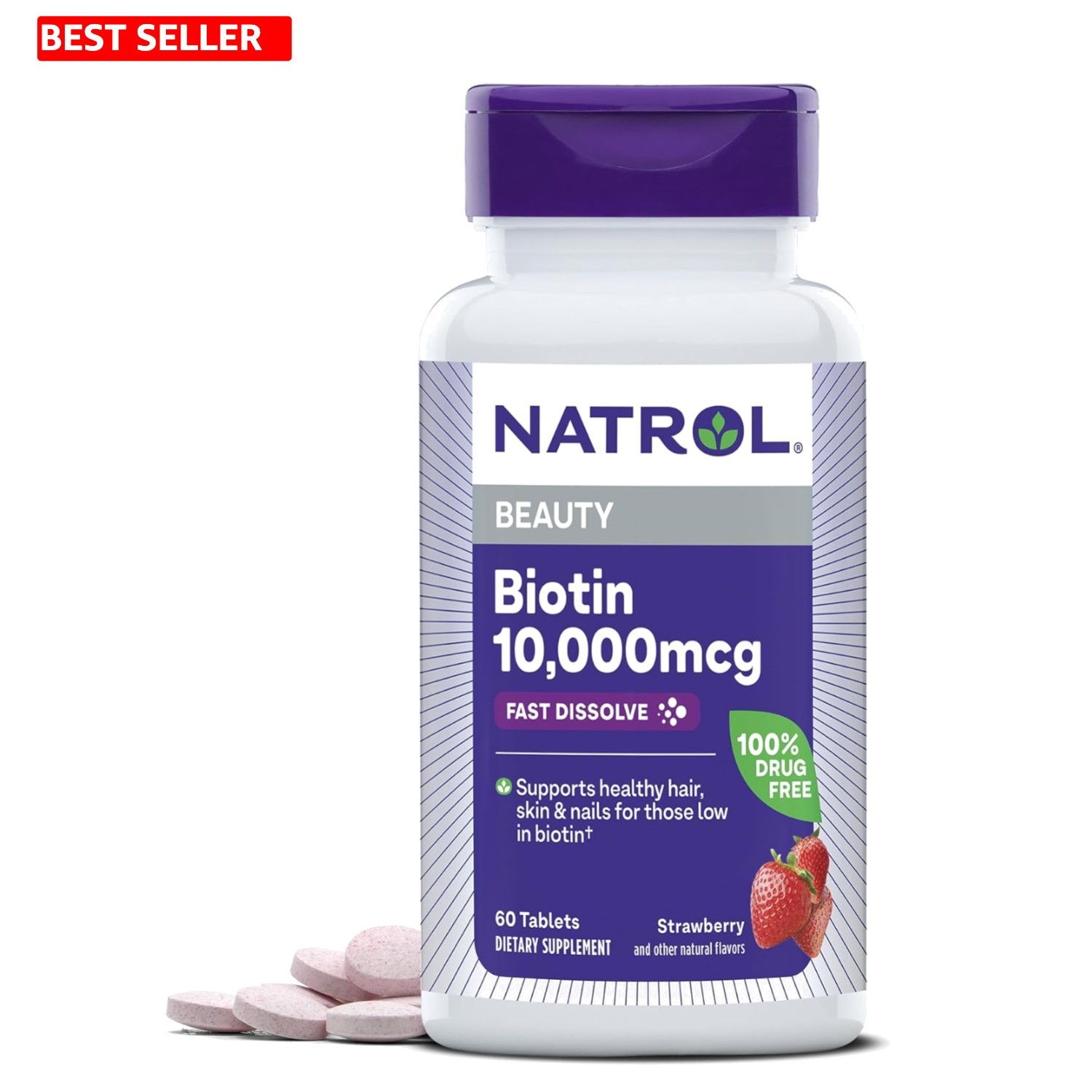 Natrol Biotin 10000mcg, 4X Faster Dissolve Supplement for Healthy Hair, Skin