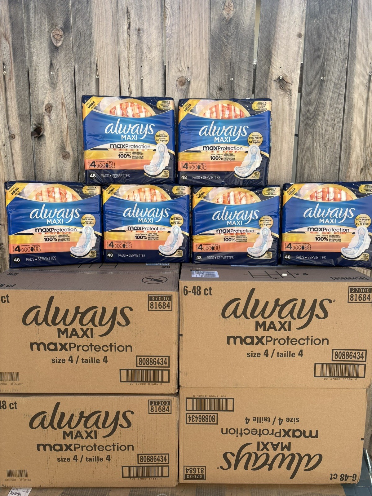6-PACK , Always Maxi Overnight Pads with Wings, Size 4, 48 Count, 288 total