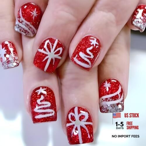 24Pcs Christmas Press on Nails Short Square – Red Fake Nails Glitter Design U4