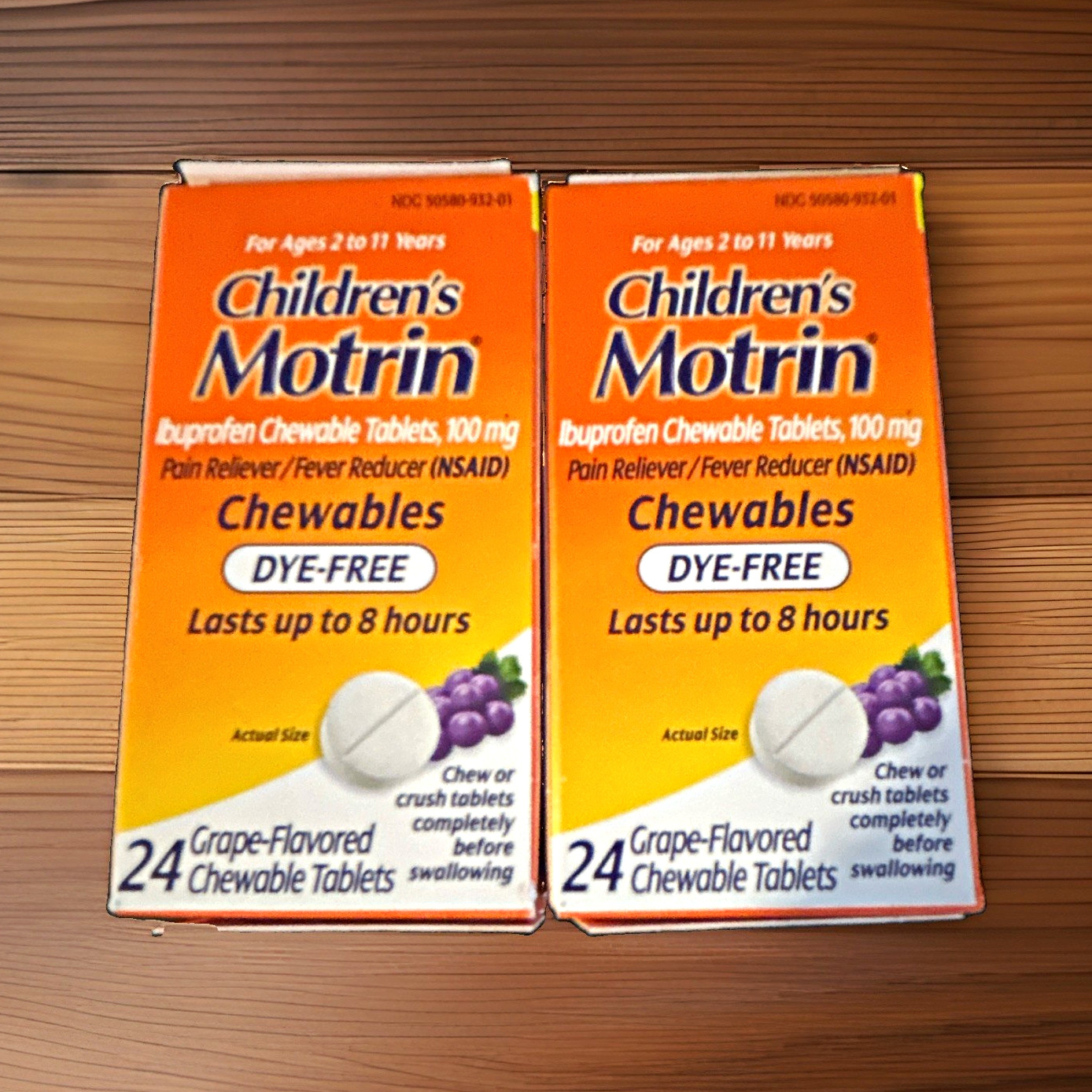 2 Pack Children’s Motrin Dye-Free Ibuprofen Chewable Tablets 100mg Grape 24 ct