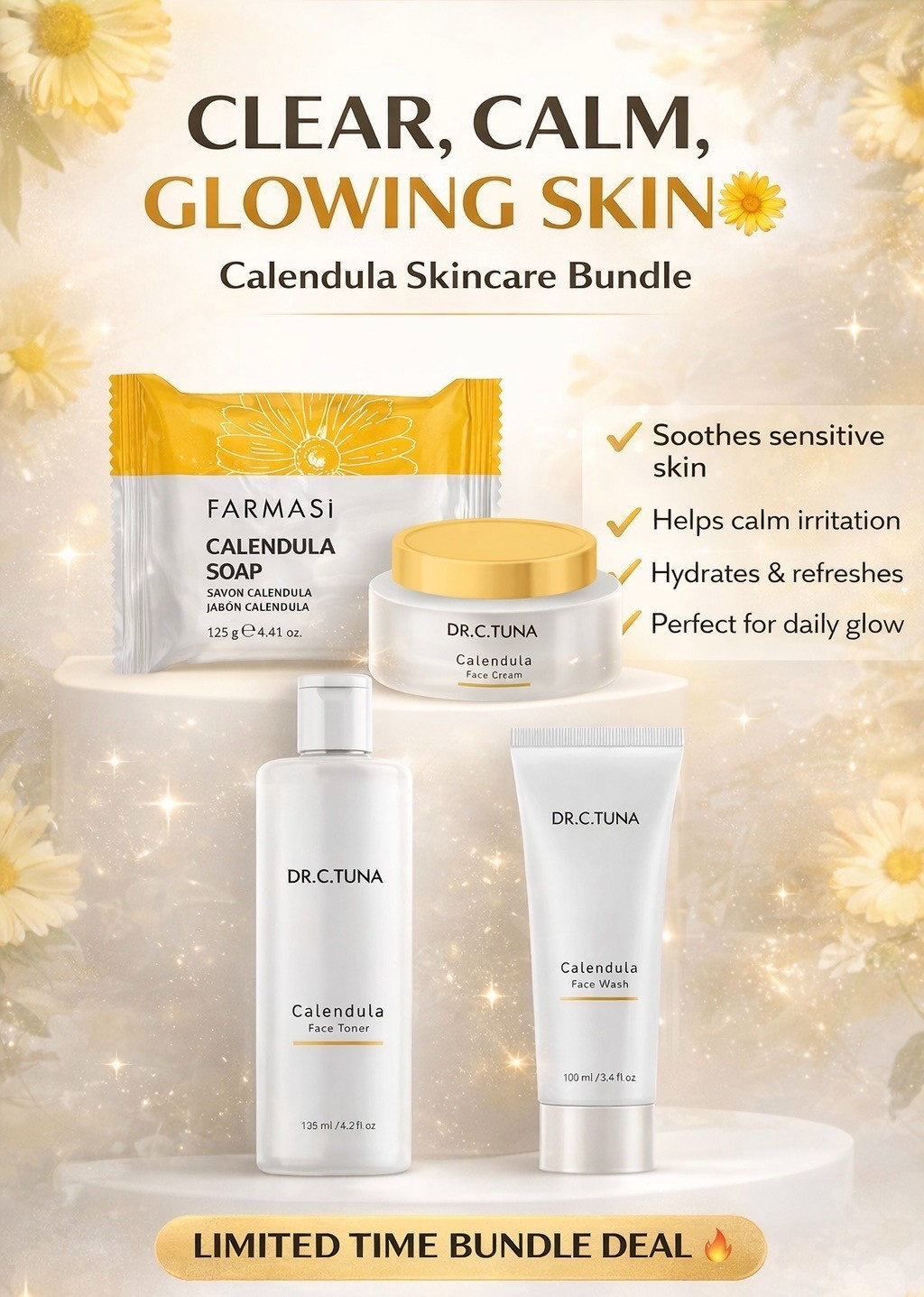Calendula Skincare Bundle 4pc Set Face Cream Toner Wash Soap Sensitive Skin