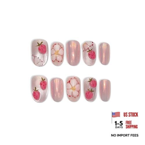 Press on Nails 10Pcs with Tools Kit,3D Strawberry Spring Summer Pink Aurora M