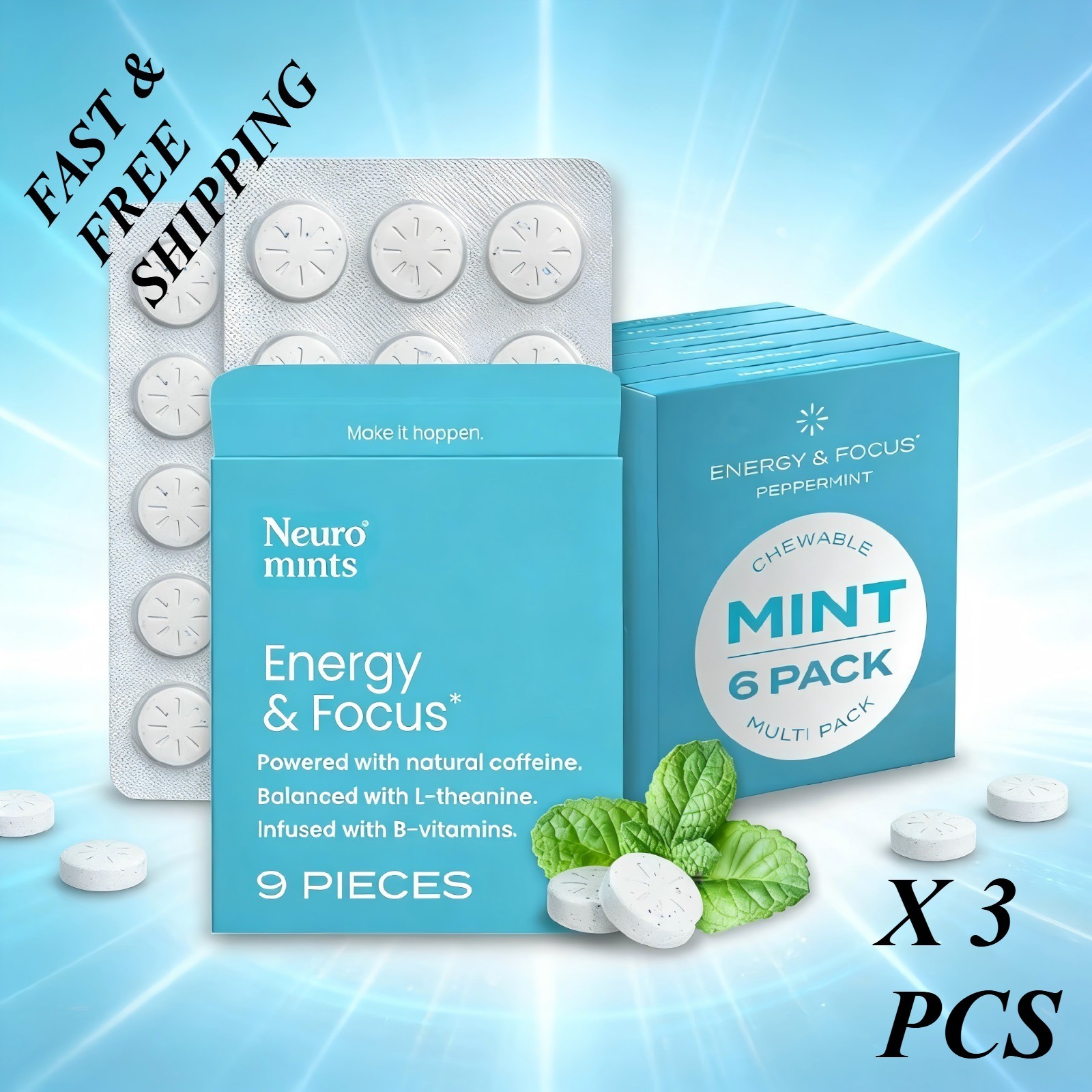 2 PACK-LUXRY Neuro Energy&Focus Mints Peppermint 6Pack Caffeine Vegan Zero Sugar