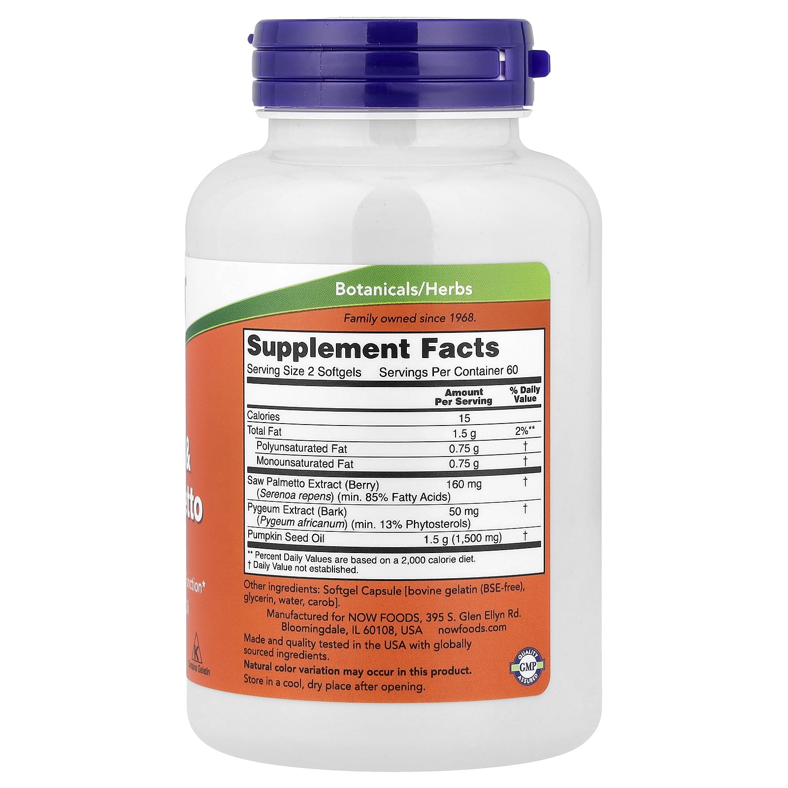 Now Foods Pygeum Saw Palmetto 120 Softgels GMP Quality Assured, Kosher