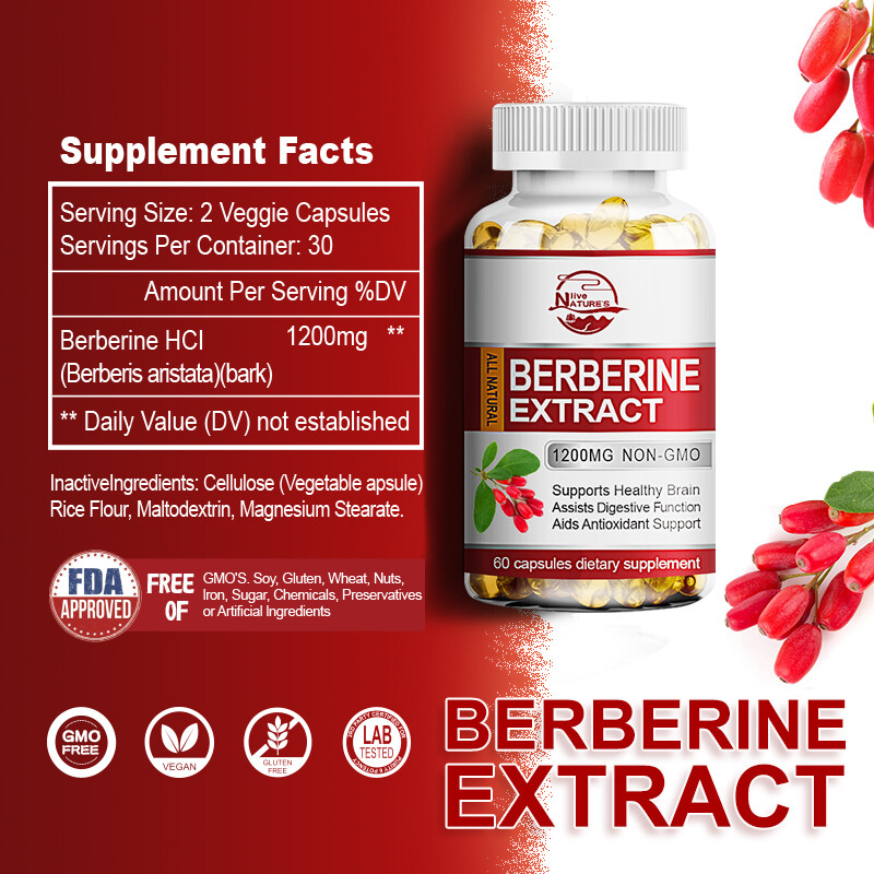 Berberine HCL 1200mg Cholesterol Blood Sugar Health General Wellness 10/60/120PC