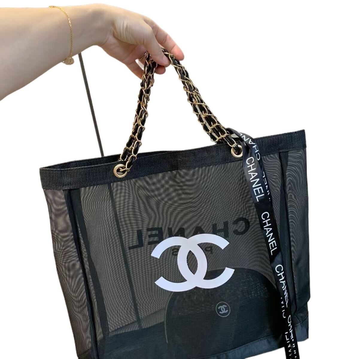 VIP Gift Mesh Beauty Tote Bag Beach Bag Storage Bag Black Golden