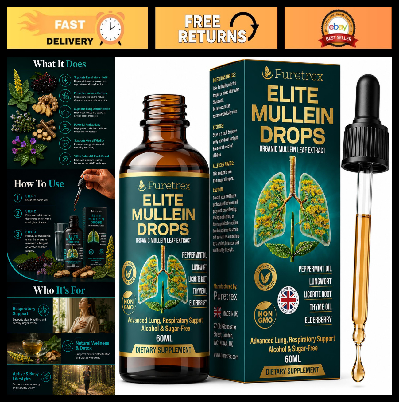 Mullein Drops for Lungs & Respiratory Support, Herbal Extract, 60mL