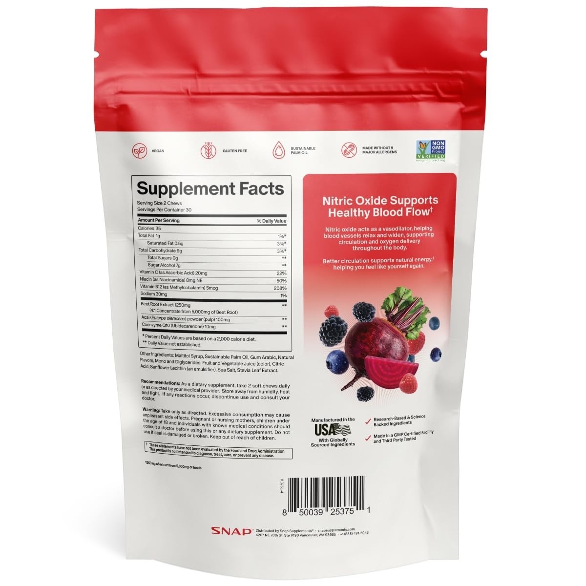 Nitric Oxide Beet Root Chews – 60 Soft Chews, Mixed Berry, 1,250mg, CoQ10 & Acai