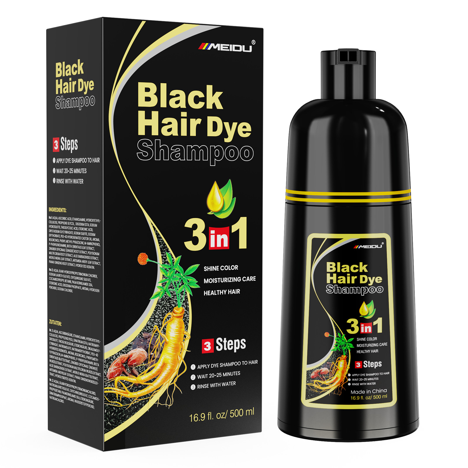 Black Hair Dye Shampoo 3 in 1 Semi Permanent Hair Color Shampoo for Gray Hair