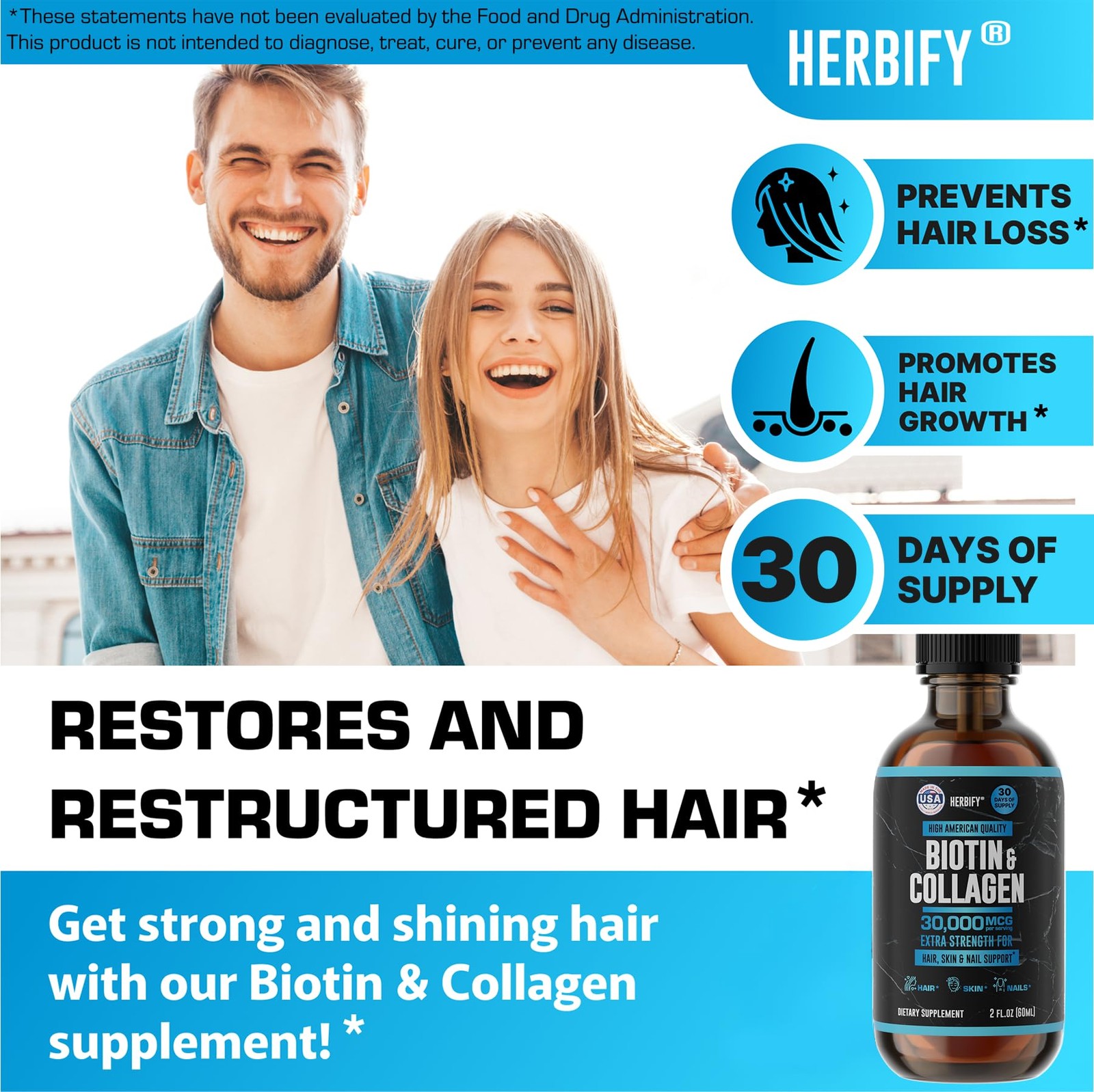 HERBIFY Liquid Biotin and Collagen Drops for Women & Men, 30 Days of Supply …