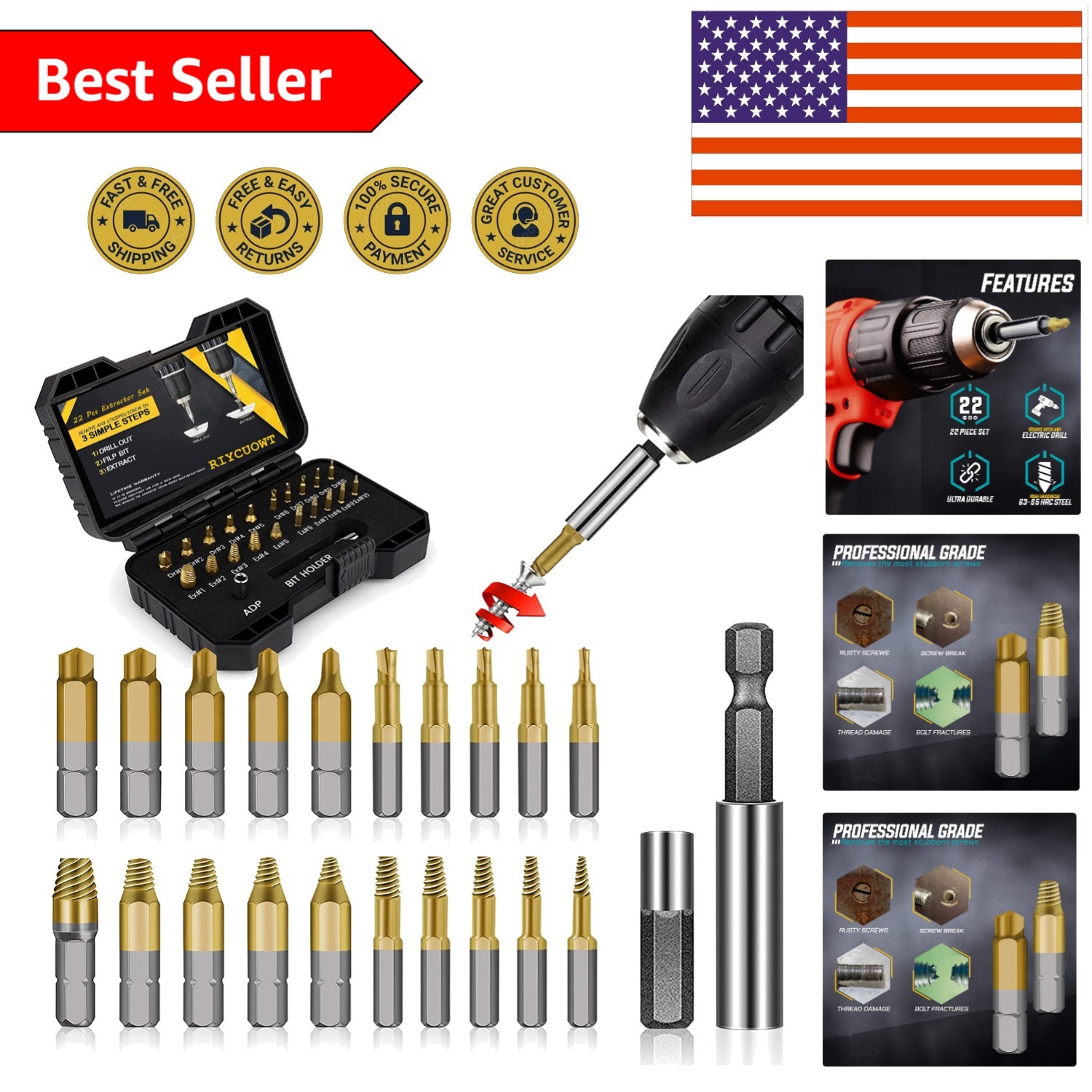 22-Piece Titanium Damaged Screw Extractor Set – Gift-Ready Tool Kit