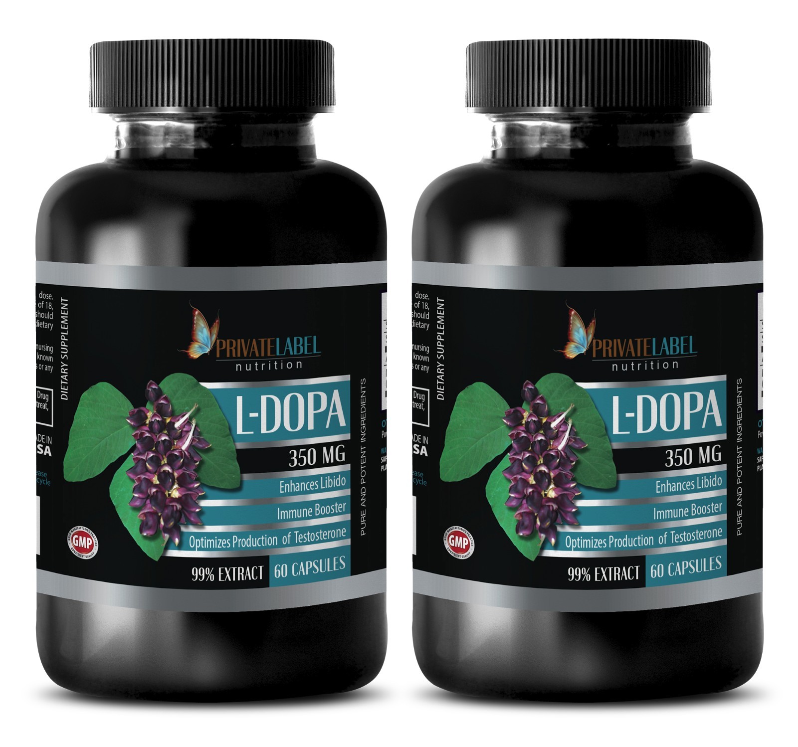 L-DOPA 99% Extract Powder 350mg Mucuna Testosterone Booster -120 Pills 2 Bottles
