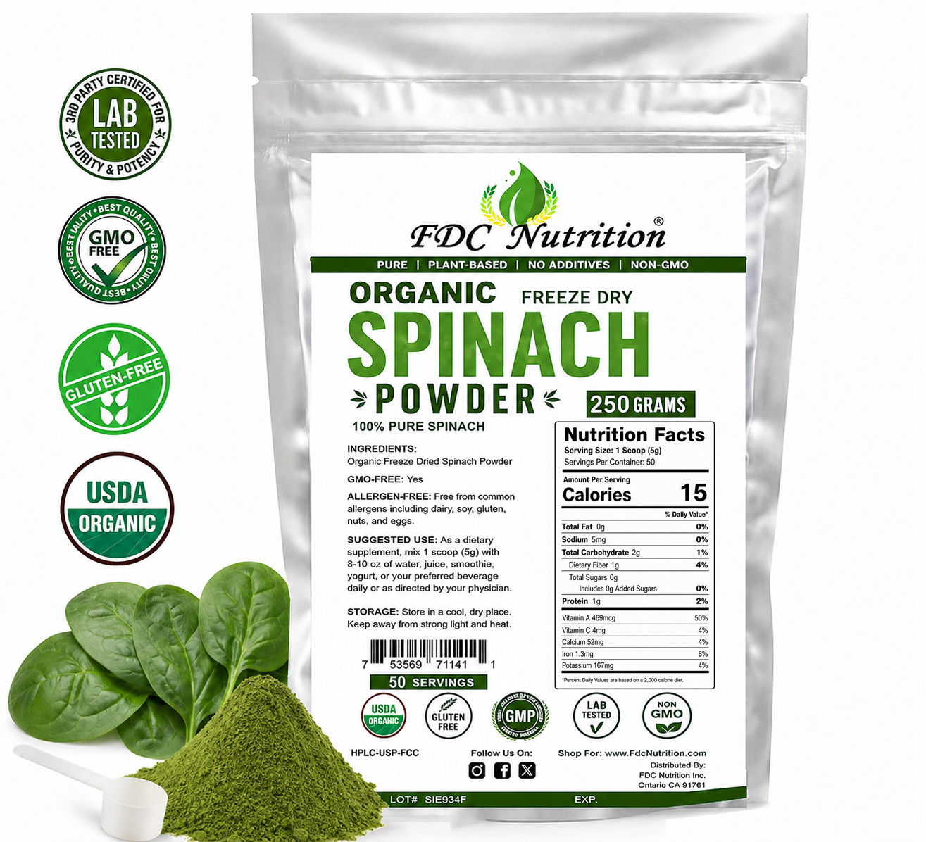 Organic Spinach Powder 250g Freeze Dried USDA Organic Non-GMO Vegan Gluten Free