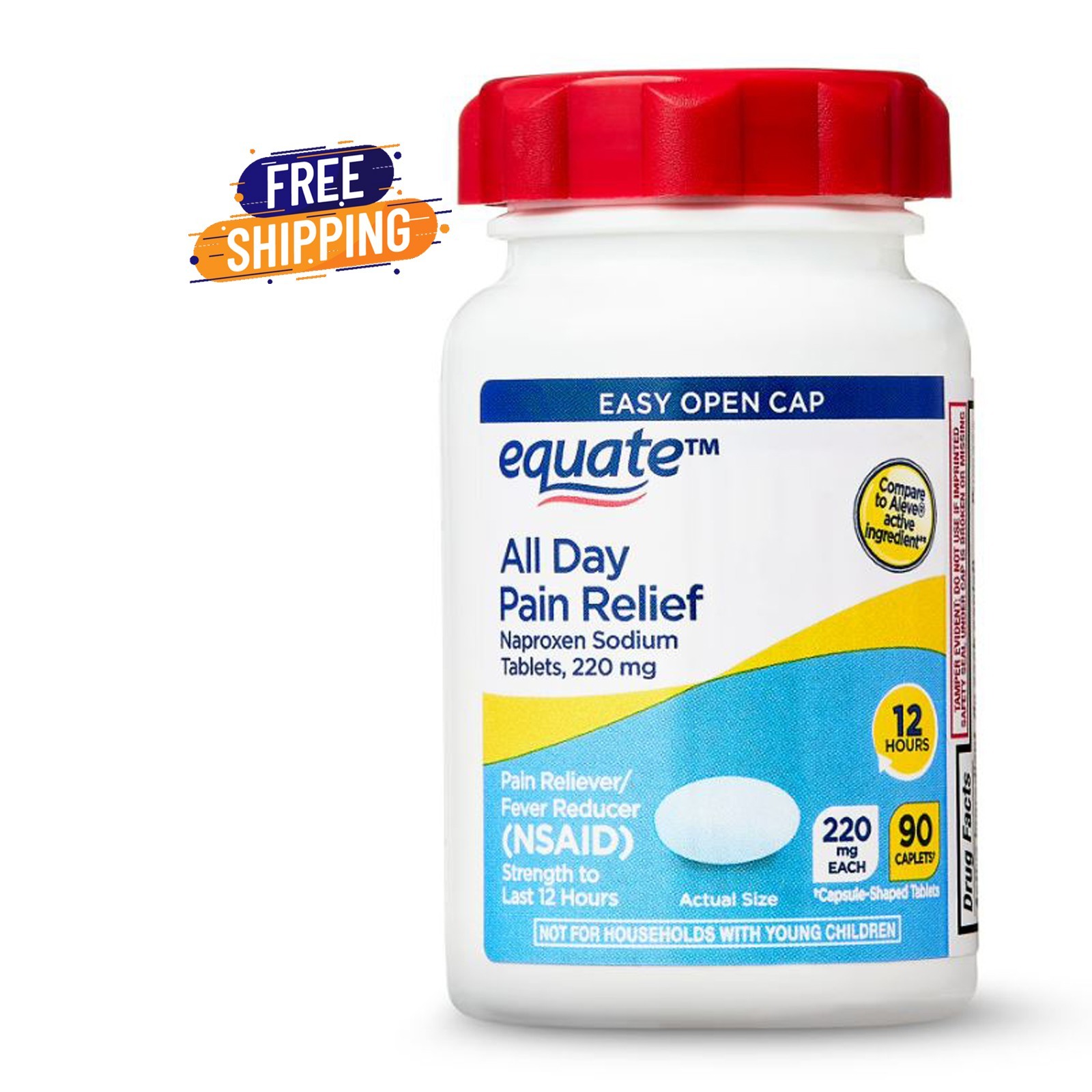 Equate All Day Pain Relief Naproxen Sodium Caplets, 220 mg, 90 Count, Easy Open