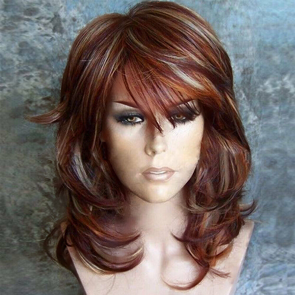 Women Girls Brown Ombre Short Curly Wigs with Bangs Fashion Natural Hair Wig US