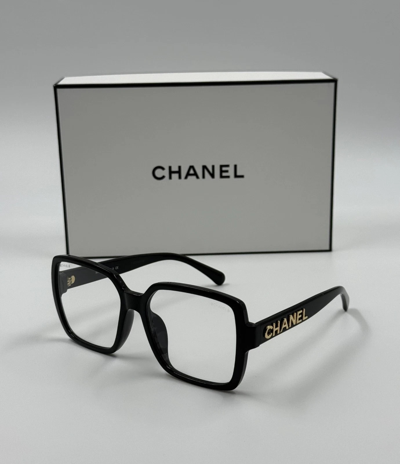 NEW CHANEL 5408 Black Acetate & Gold Logo Square Transparent Lens Eyeglasses