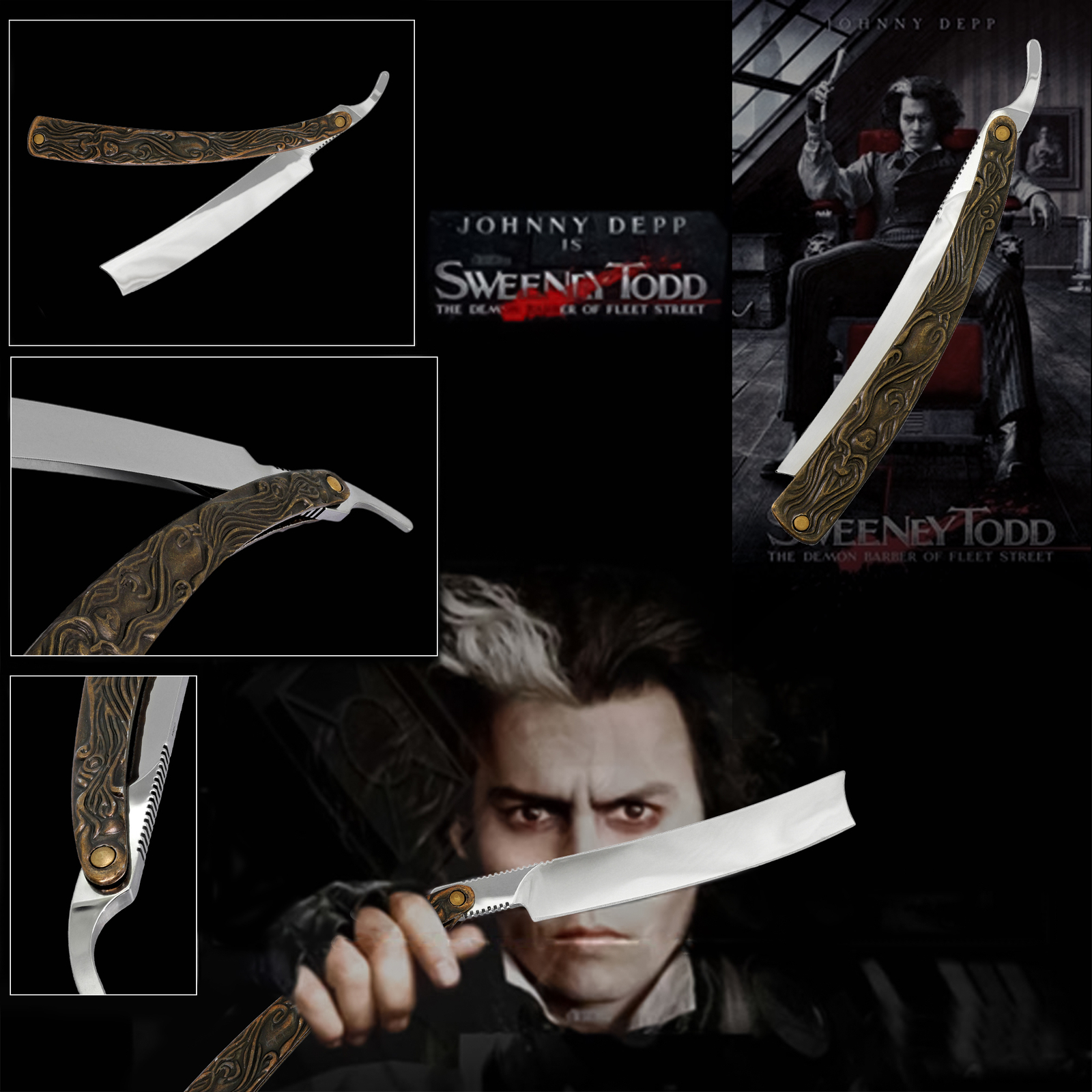 SWEENEY TODD DEMON BARBER’S STRAIGHT RAZOR REPLICA, BURTON DEPP SHAVING SONDHEIM
