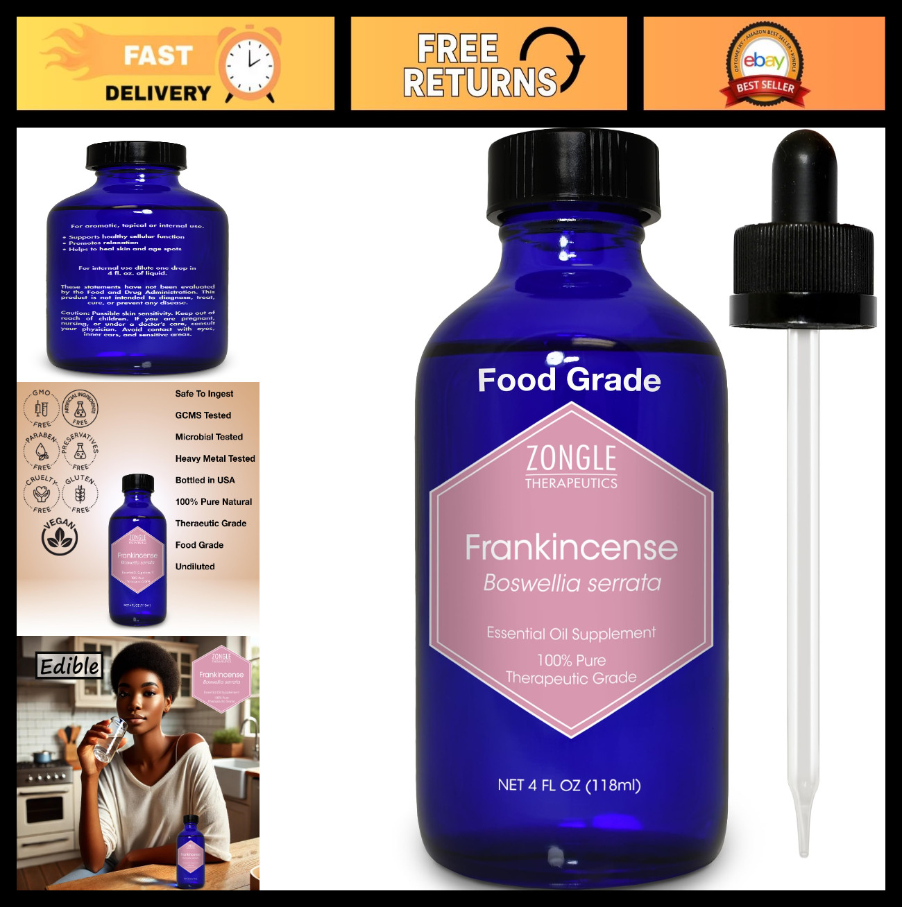 100% Pure Frankincense Essential Oil – Food Grade for Face & Dark Circles, 4 OZ