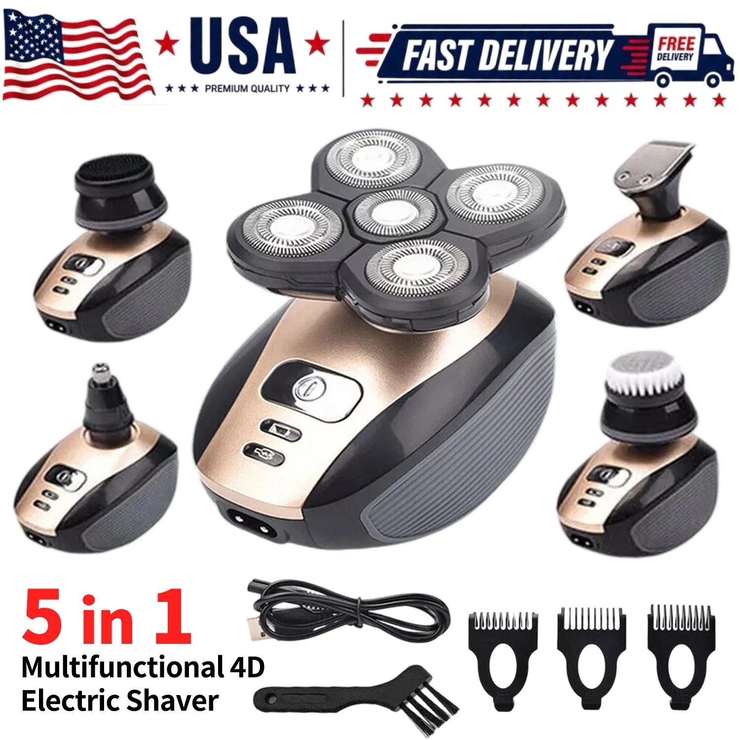 5-in-1 Rotary Electric Shaver 4D Rechargeable Bald Head Hair Beard Trimmer Razor