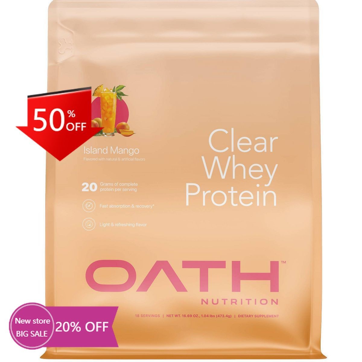 Oath Nutrition Clear Whey Protein Powder – Island Mango – 18 Servings