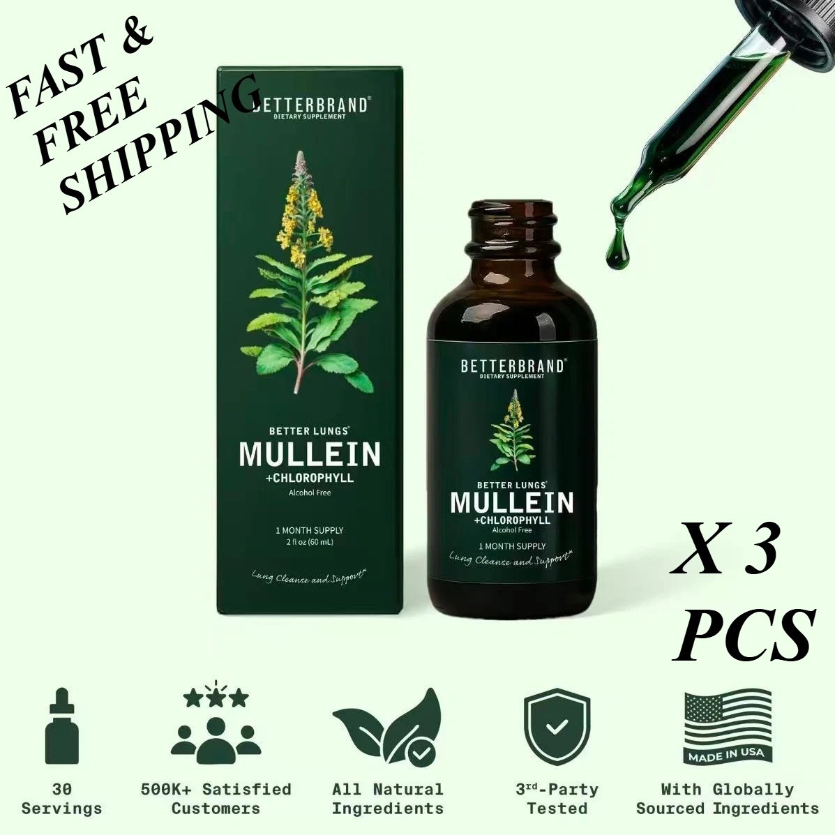 2 BOTTLES-Mullein Leaf&Chlorophyll Drops for Lung Purify&Mucus Purify-30Servings