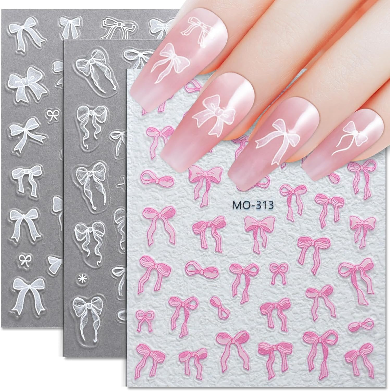 3 Sheets Bow Nail Sticker 3D Embossed Self-Adhesive Color Bow Art Nails Decals 5