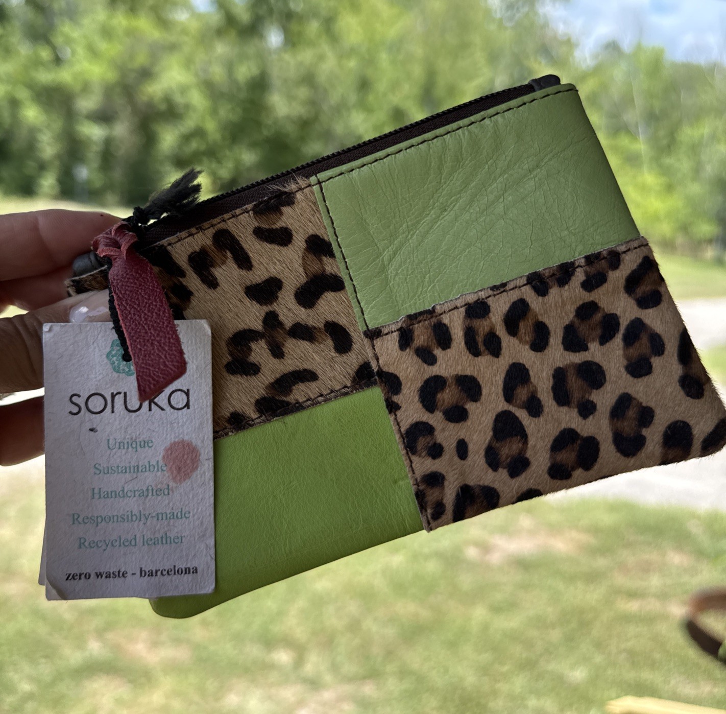 NWT Soruka Zahra Green Brown Animal Print Leather Cosmetic Bag Pouch Zipper 6 X4