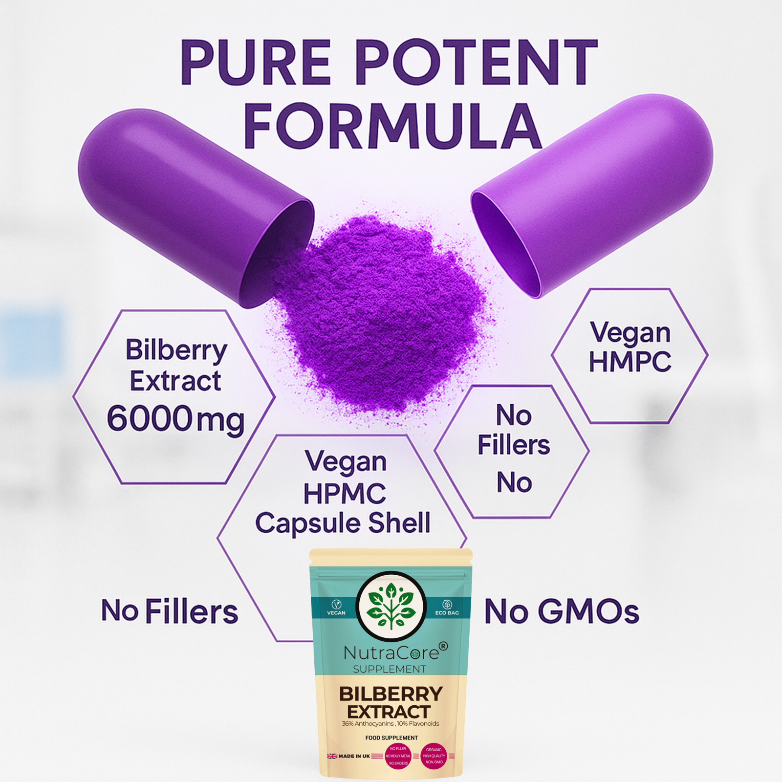 Bilberry Extract Capsules, 6000mg-(36% Anthocyanins)-100%Natural & Vegan-180Caps
