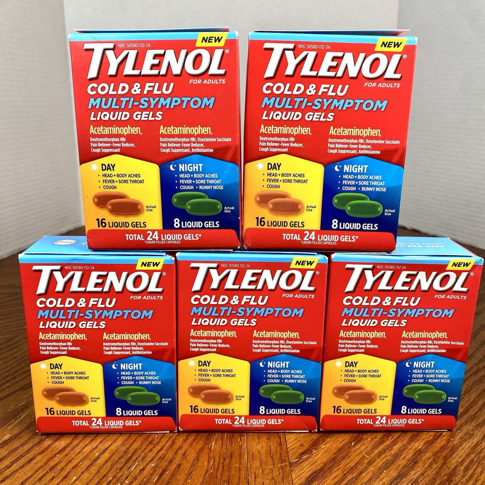 Lot of 5 ~ Tylenol Cold & Flu Multi-Symptom 24 Liquid Gels ~ Exp 06/2027
