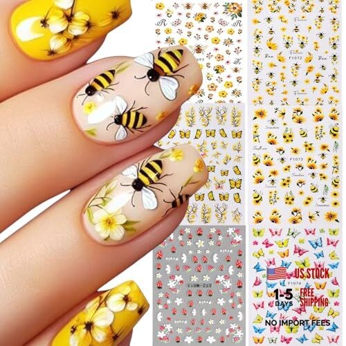 Spring Summer Flower Nails Stickers Decals Bee Butterfly Nails Art Bee Flower