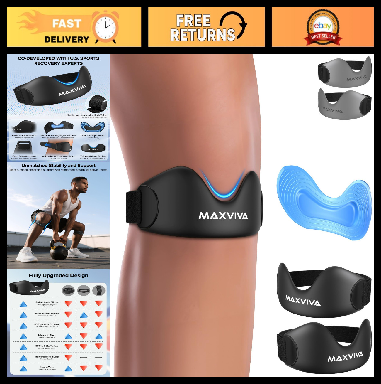Knee Brace Support Strap 2 Pack – Patella Band for Pain Relief, Running, Fitness