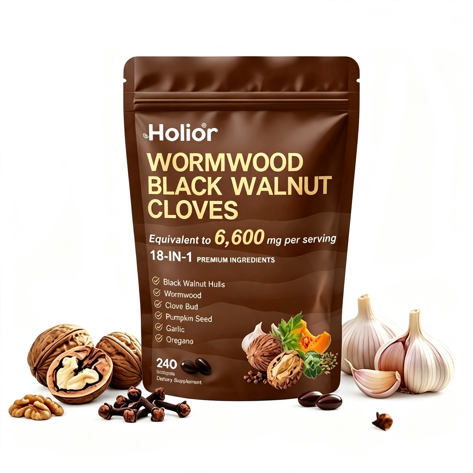 Holior Wormwood Black Walnut Clove Herbal Supplement 240 Softgels