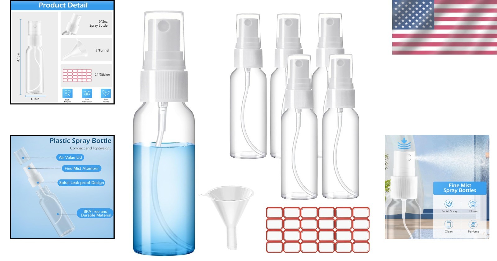 Lightweight Travel Spray Bottle Set – 6 BPA Free 50ml Bottles with Handy Funnels