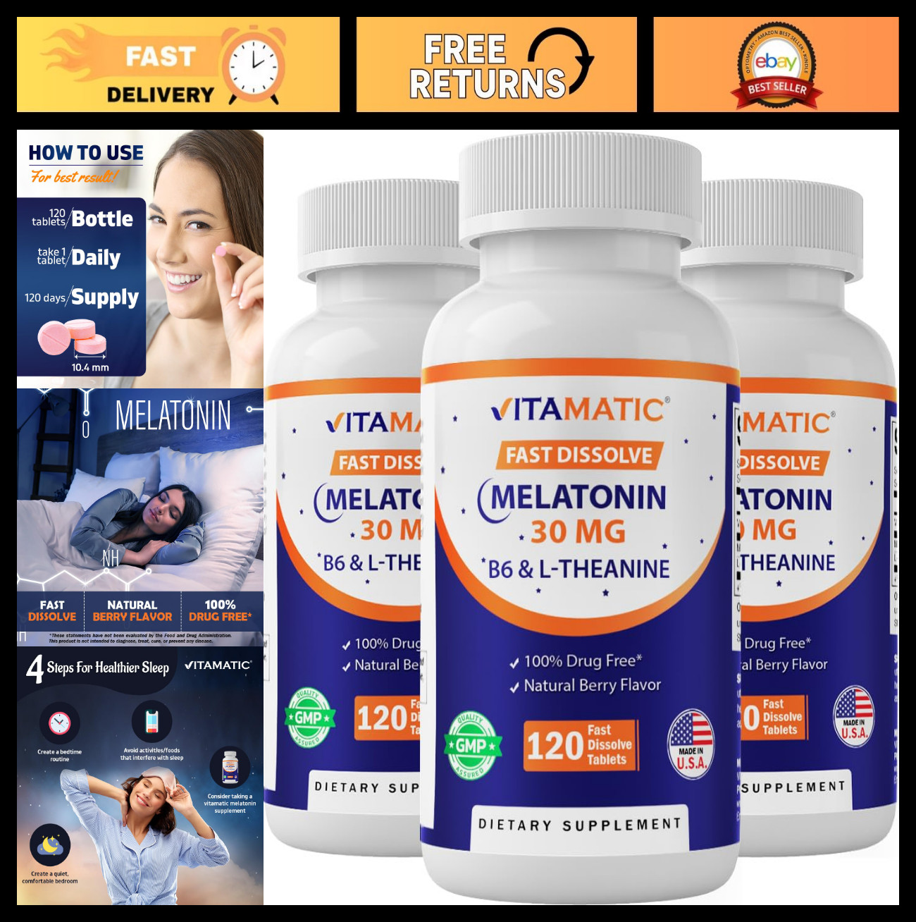 Melatonin 30mg with L-Theanine & B6 – 360 Fast Dissolve Tabs, Sleep Aid, Relaxat