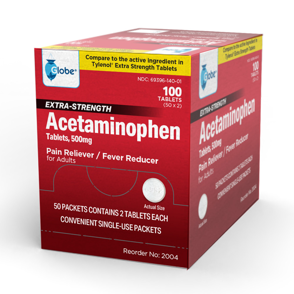 Globe Acetaminophen Tablets 500 mg, 50 Packets of 2 Tablets Each, 100 Count
