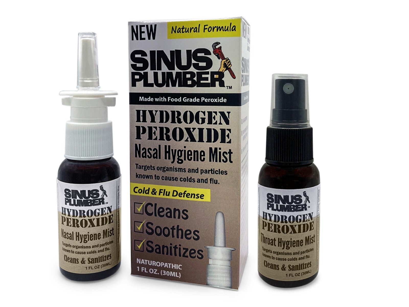 Sinus Plumber Hydrogen Peroxide Nasal and Throat Spray Combo – Cold Flu Defense