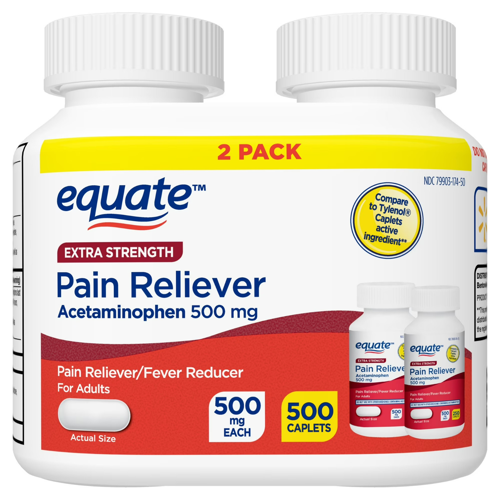 Equate Extra Strength Acetaminophen 500 mg Pain Reliever Caplets 2 Pack