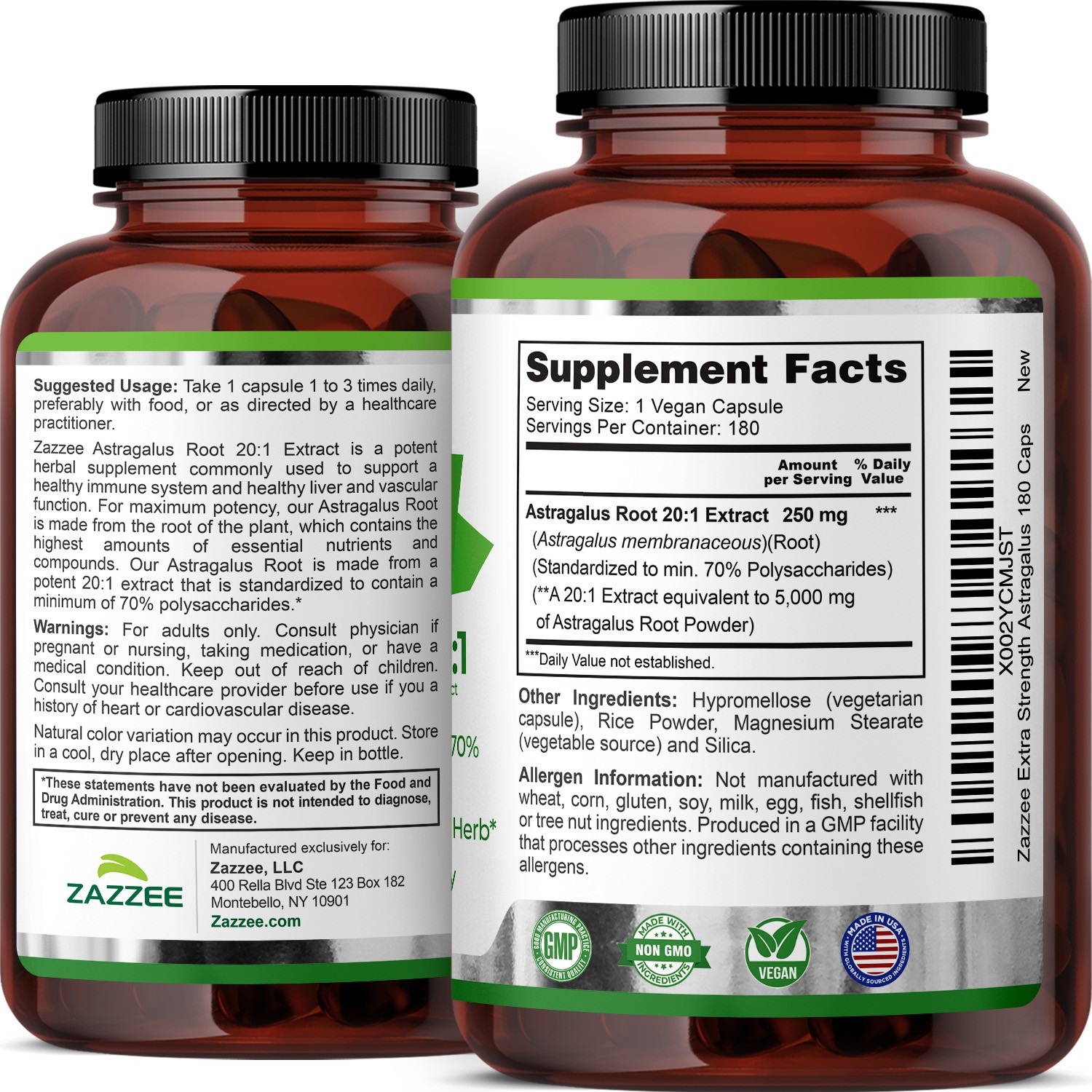 Extra Strength Astragalus Root 20:1 Extract, 5000 mg Strength 180 Vegan Capsules