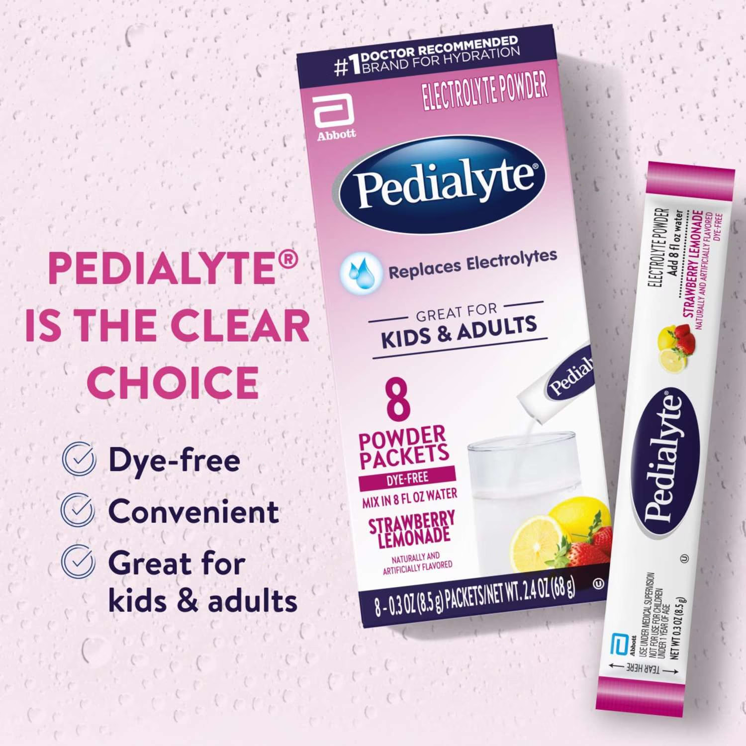 Pedialyte Electrolyte Powder, Strawberry Lemonade, 8 Powder Packets