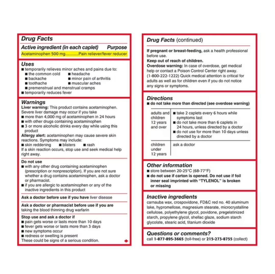 Tylenol Extra Strength 325 Caplets 500mg Acetaminophen