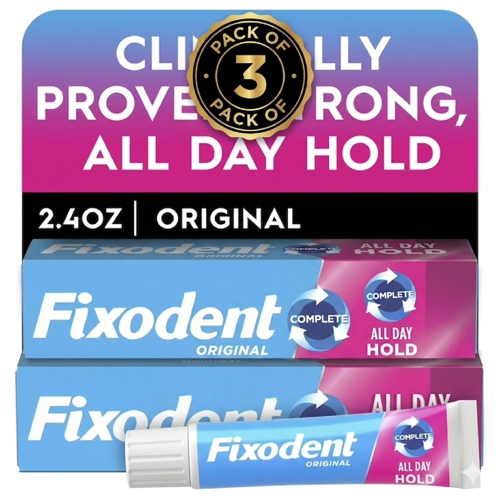 Pack of 3 Fixodent Complete Original Denture Adhesive Cream, 2.4 oz