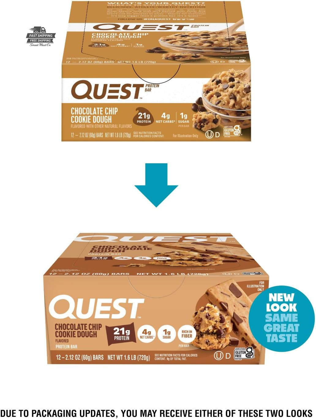 Quest Chocolate Chip Cookie Dough Protein Bars High Protein Gluten Free 12 Count