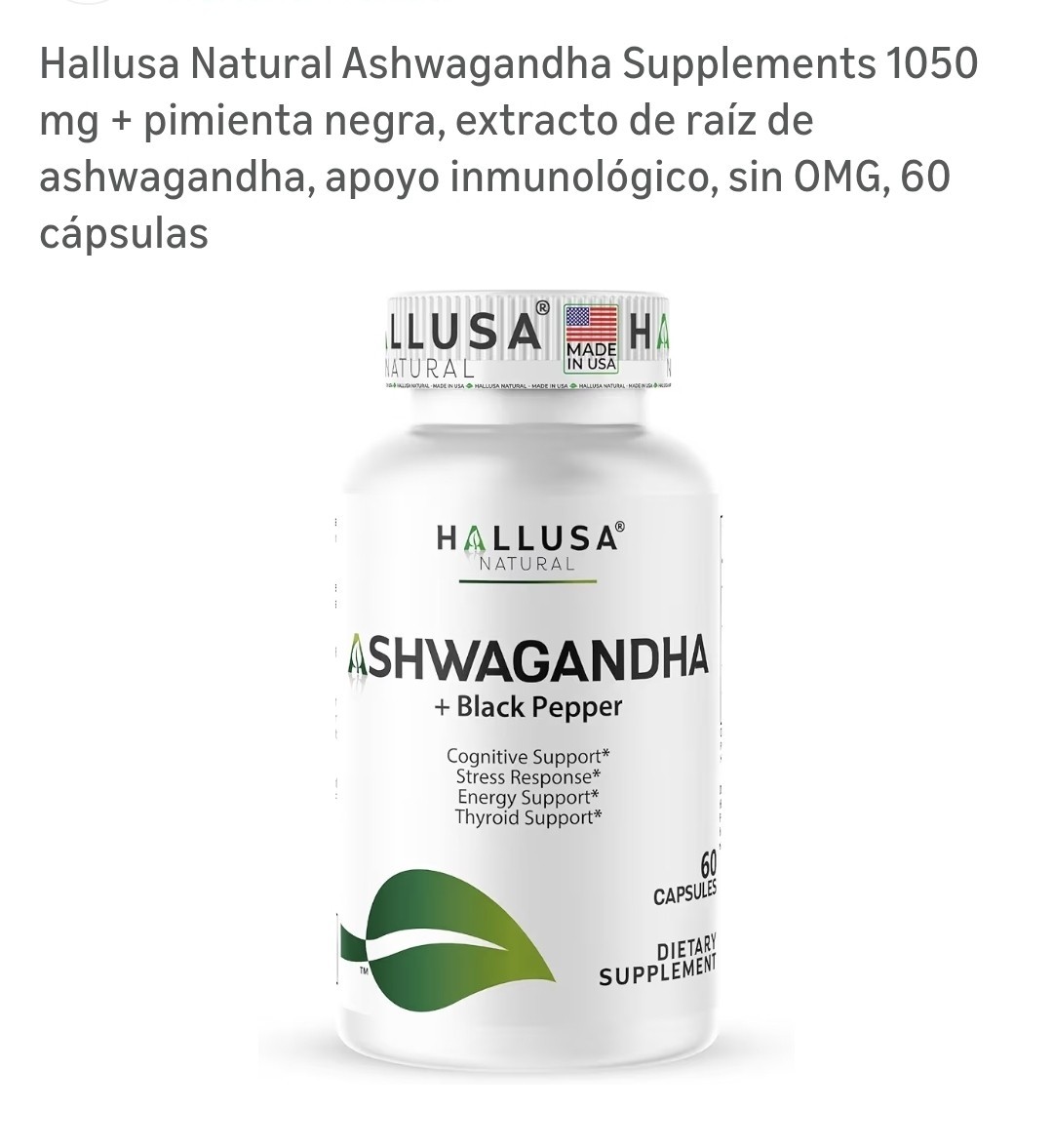 Hallusa Natural Ashwagandha Black Pepper 1050mg Non-GMO 60 Capsules