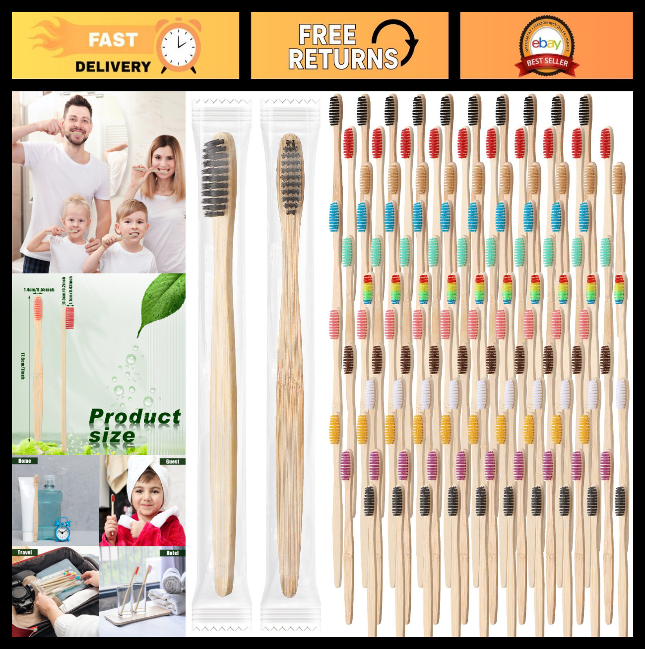 240 Pcs Soft Bristle Bamboo Toothbrushes, Individually Wrapped, Eco-Friendly, Tr