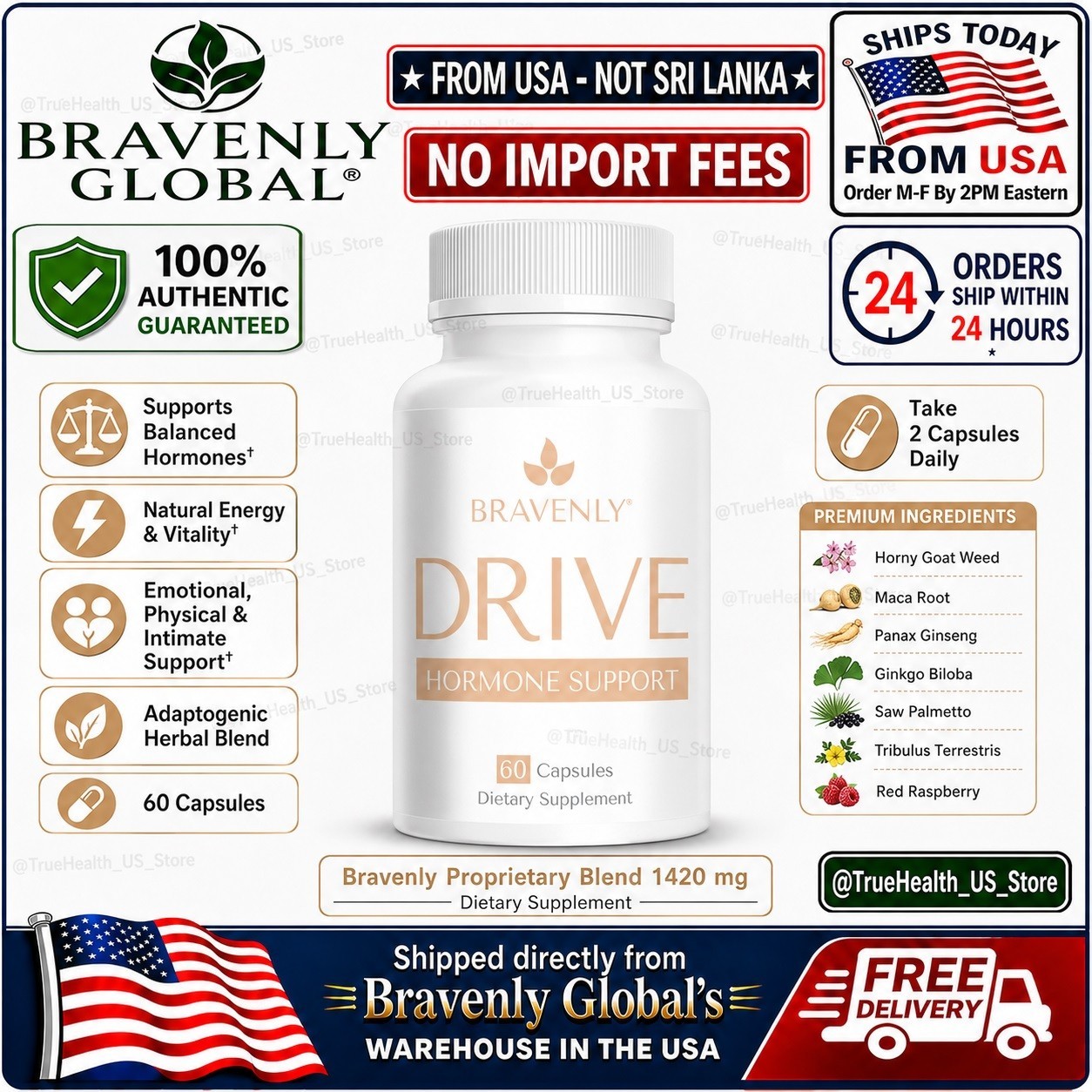 Bravenly Drive 60 Capsules Hormone Vitality Energy Support New Sealed🚚FromUSA🚚