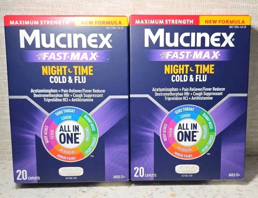 Lot Of 2 Mucinex Fast Max Night Time Cold & Flu Maximum Strength 20 Caplets 0227